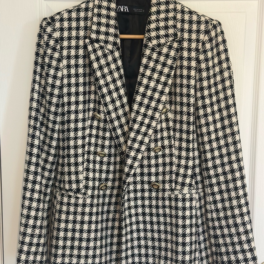 Zara Black and White Houndstooth Women's Coat